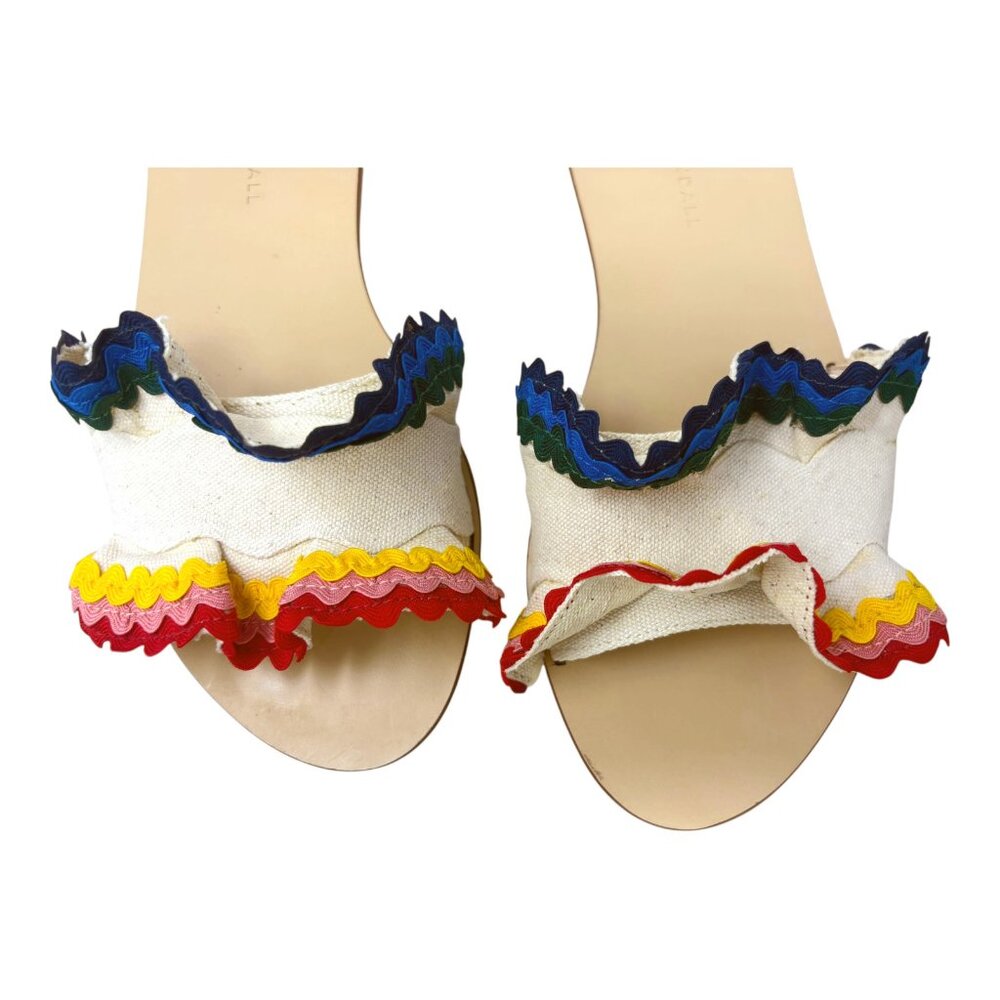 Loeffler‎ Randal Birdie Natural Canvas Ric Rac Ruffle Slides Sandals - Picture 6 of 11